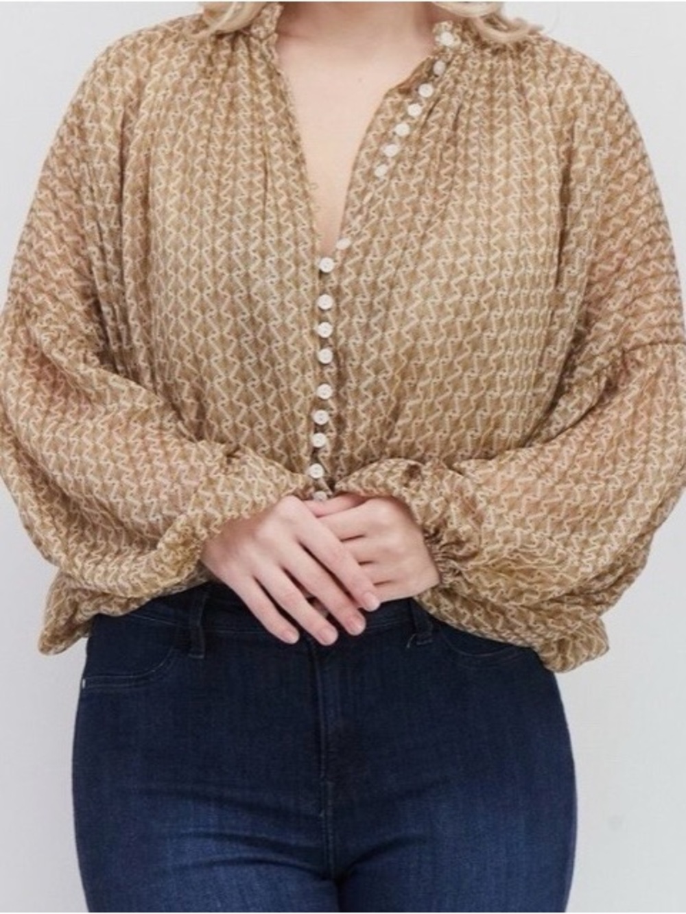 Women's Printed Tan Button-Front Blouse with Puff Sleeves - Picture 1 of 3